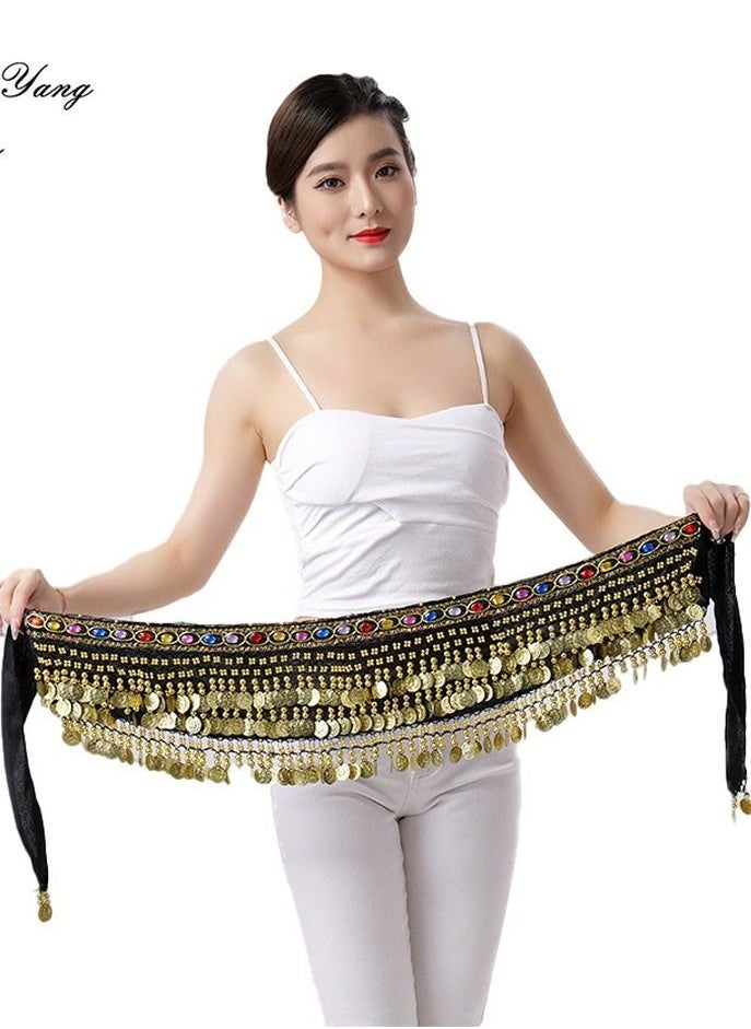 Loquat - Coins Pendant Diamond Waist Chain Skirt Belly Dance Tassel Waist Wrap Belt Skirts Party Rave Costume Black - Image 1