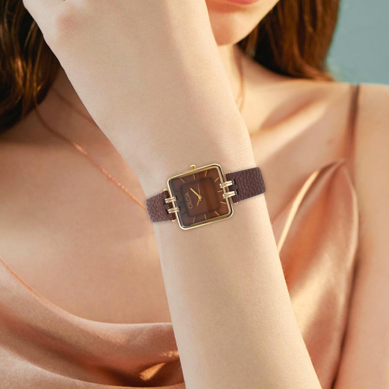 CILOA Women's Leather Strap Watch Dainty Elegant Gold Watches for Women Classic Casual Fashion Square Ladies Watch Gifts Present for Her. (Brown) - Image 4