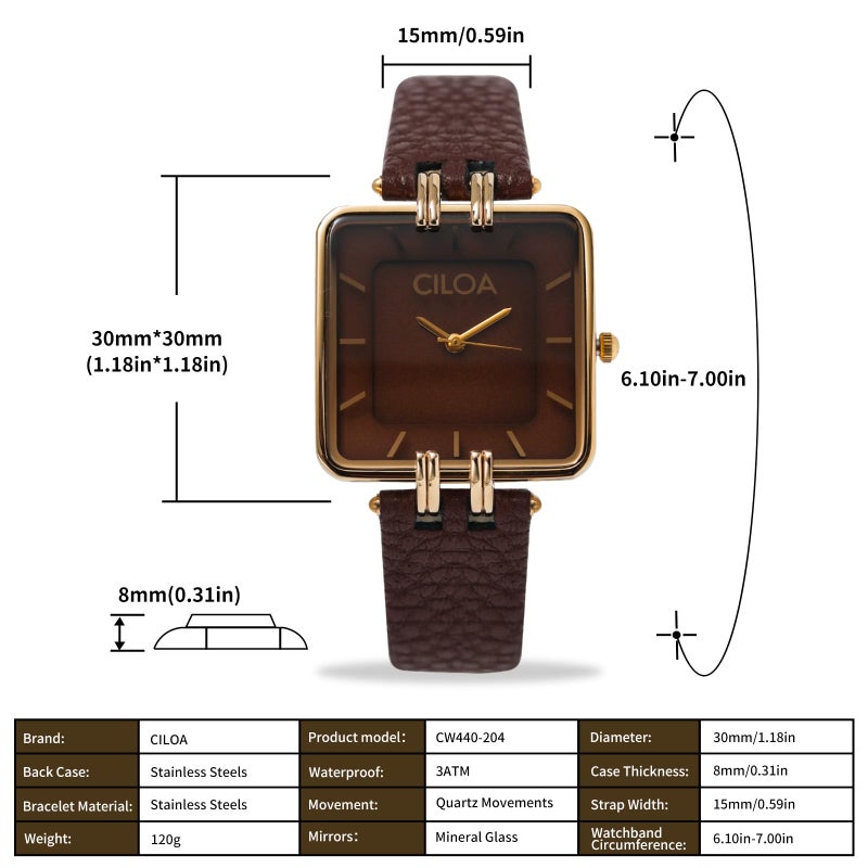 CILOA Women's Leather Strap Watch Dainty Elegant Gold Watches for Women Classic Casual Fashion Square Ladies Watch Gifts Present for Her. (Brown) - Image 3