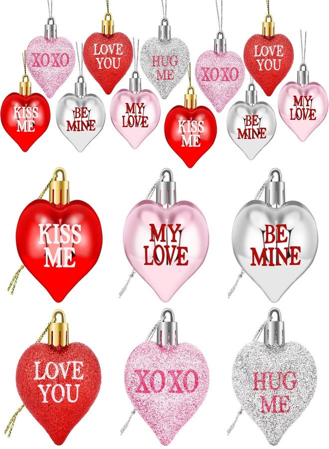 JULMELON 36Pcs Valentine's Day Heart Shaped Ornaments Romantic Valentines Conversation Heart Hanging Ornaments Decorations for Home Party Wedding Decor (Red, Pink and Silver) - Image 1