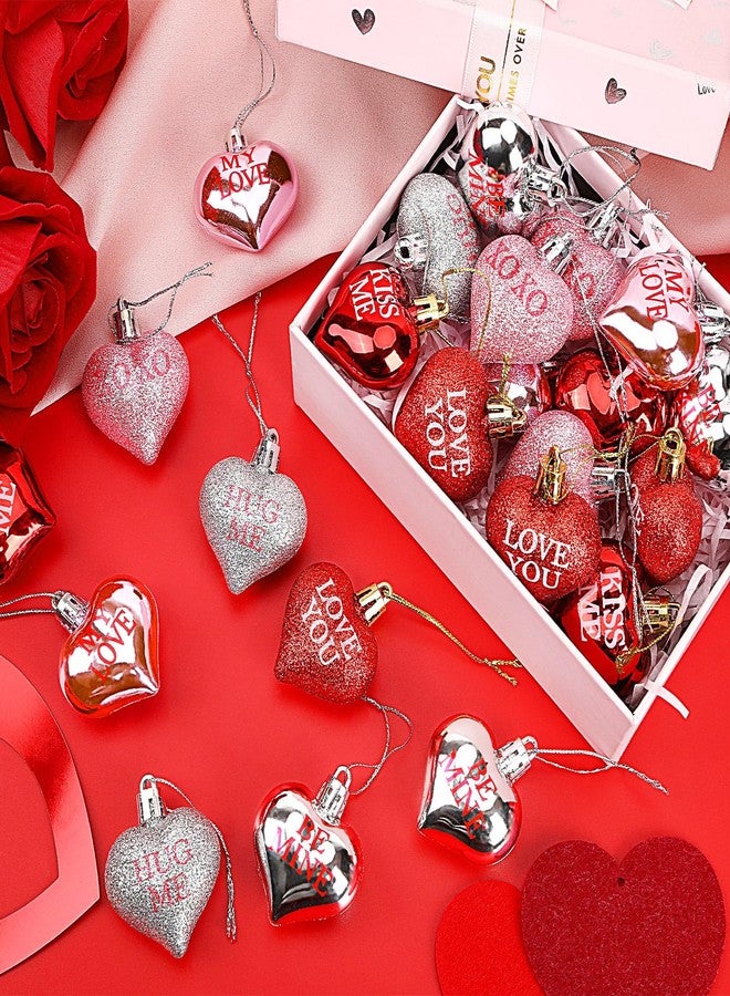 JULMELON 36Pcs Valentine's Day Heart Shaped Ornaments Romantic Valentines Conversation Heart Hanging Ornaments Decorations for Home Party Wedding Decor (Red, Pink and Silver) - Image 2