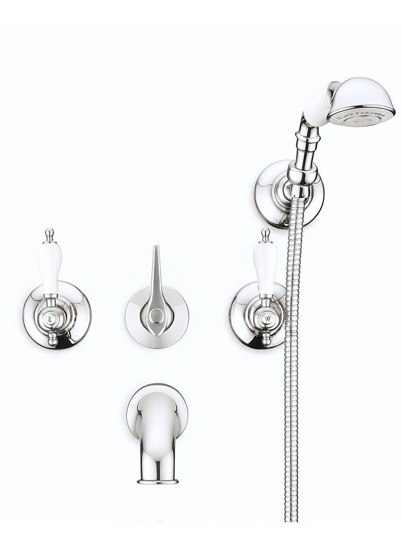 GS Rubinetterie Vittoriana Concealed Bath Shower Mixer Set, Chrome, Dual Handle with Diverter, Hand Shower & Wall Spout, Premium Brass, Made in Italy, Model 1708C - Image 2