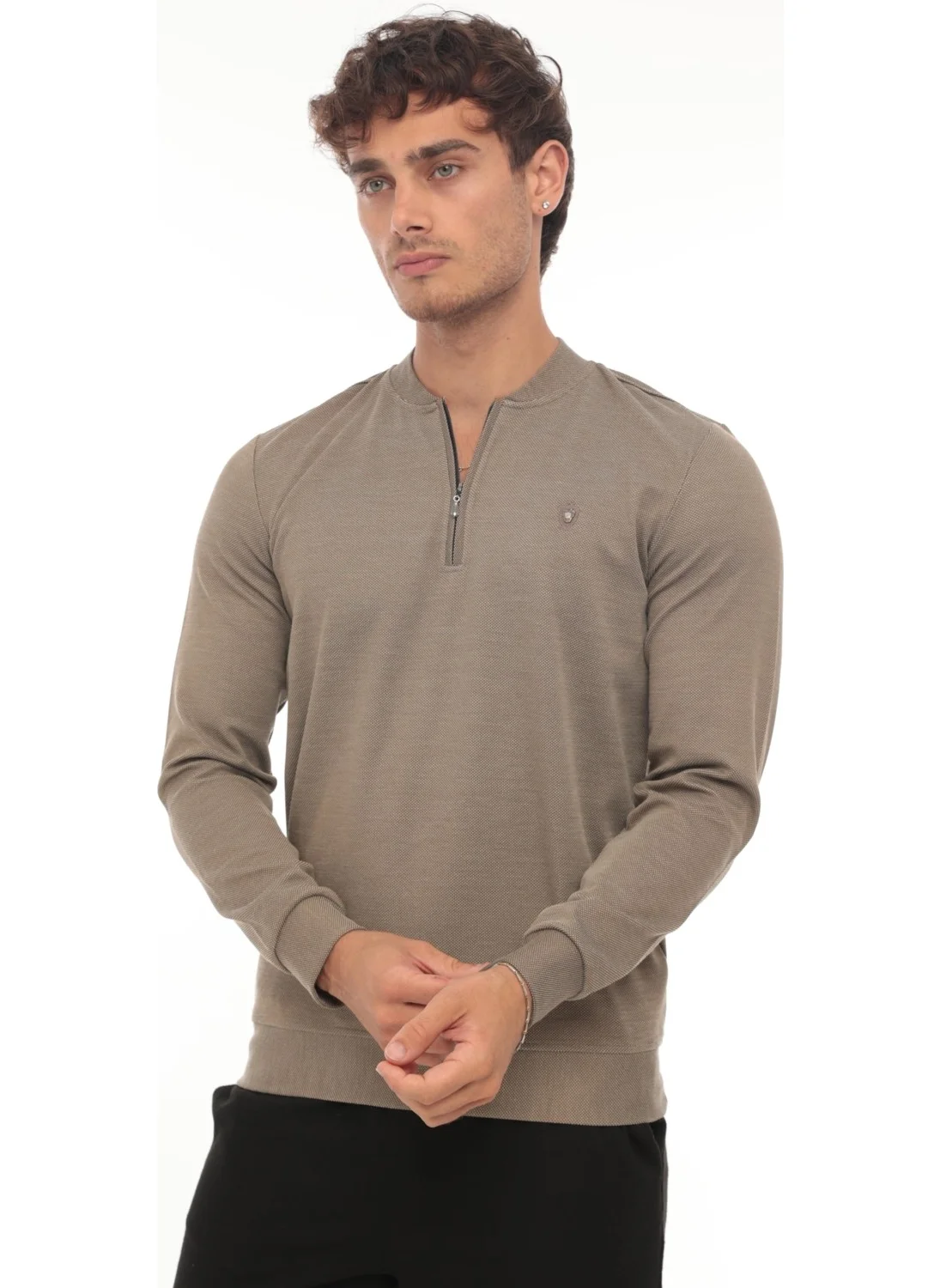 Miron Half Zipper College Collar Sweatshirt Regular Fit-Brown-2317