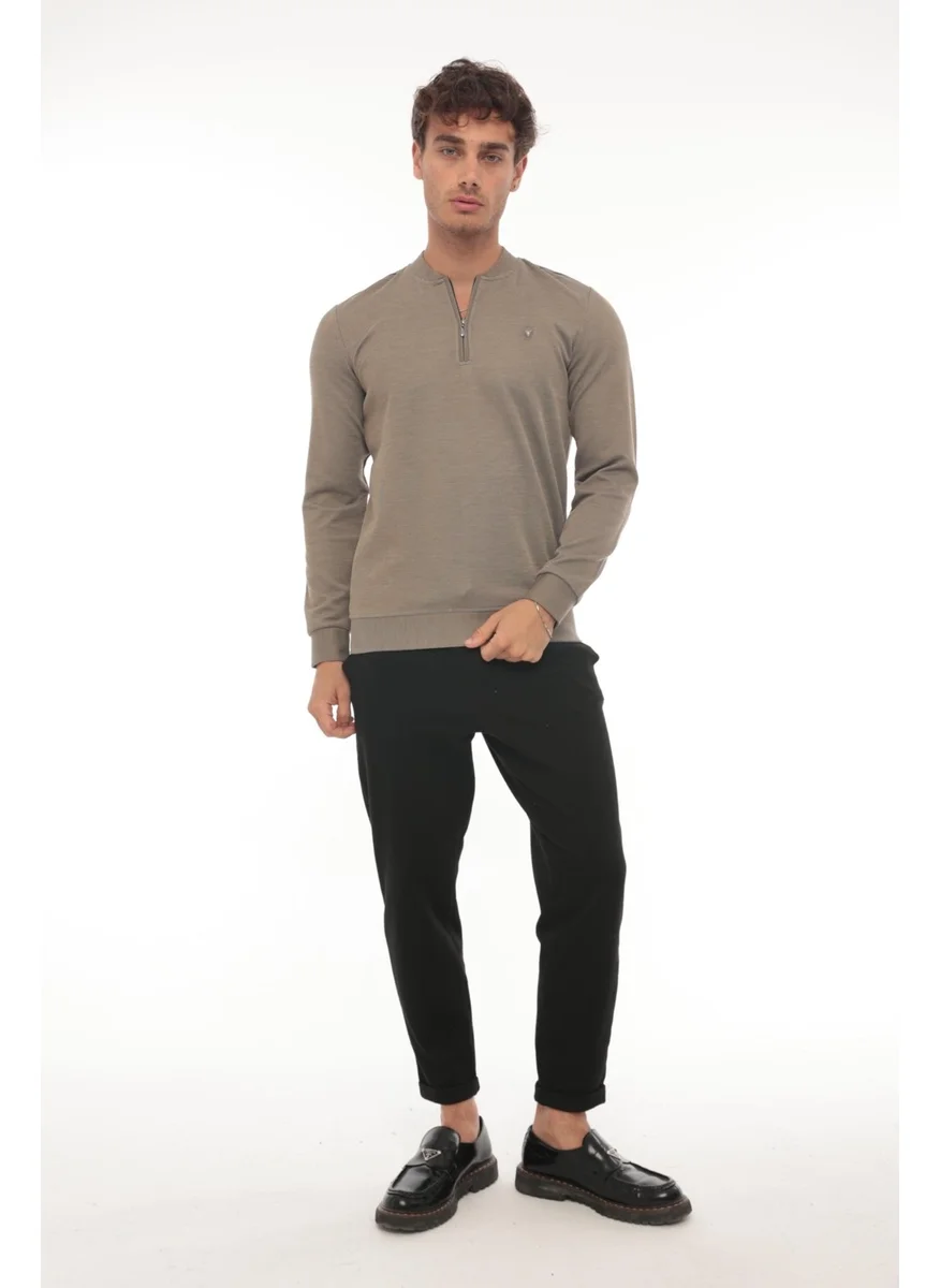 Miron Half Zipper College Collar Sweatshirt Regular Fit-Brown-2317