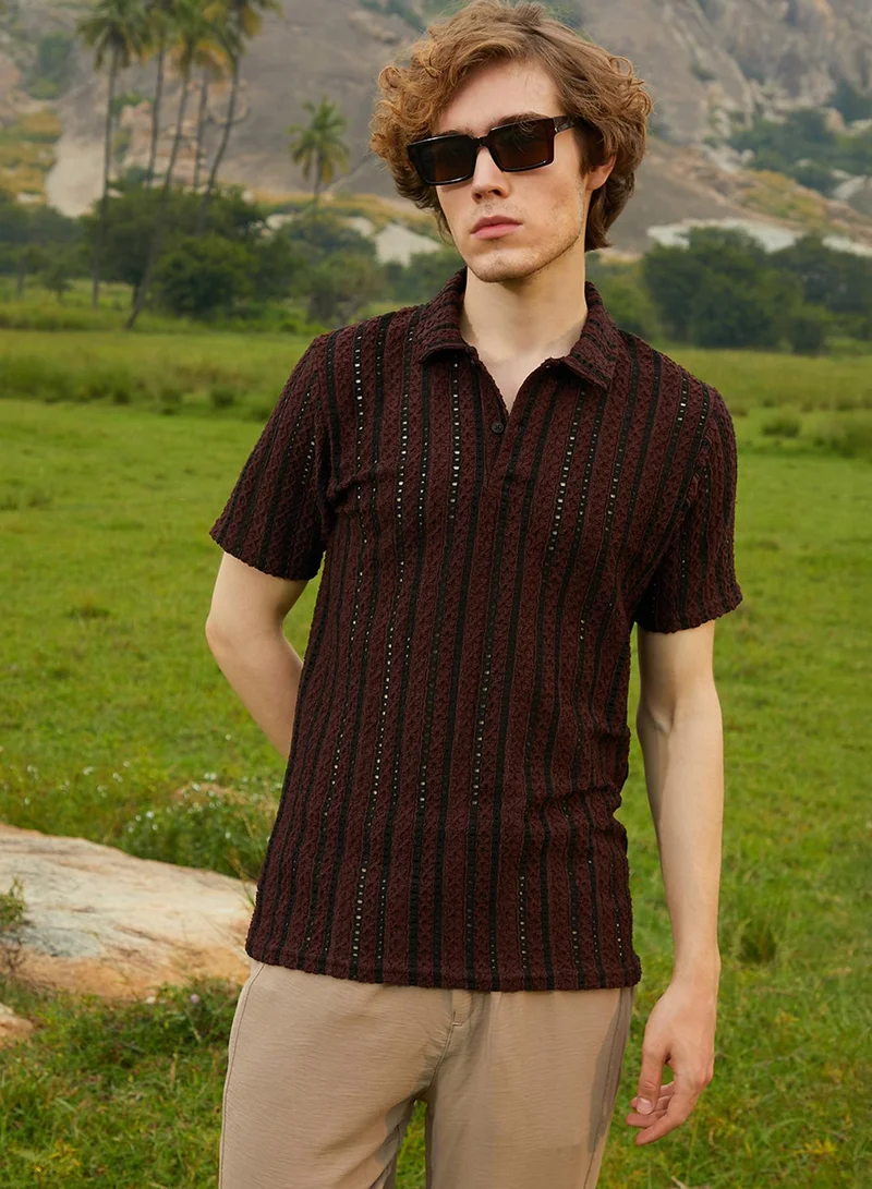 كامبوس سوترا تيشيرت بولو رجالي مخطط باللون البني الشوكولاتة والأسود الأونيكس