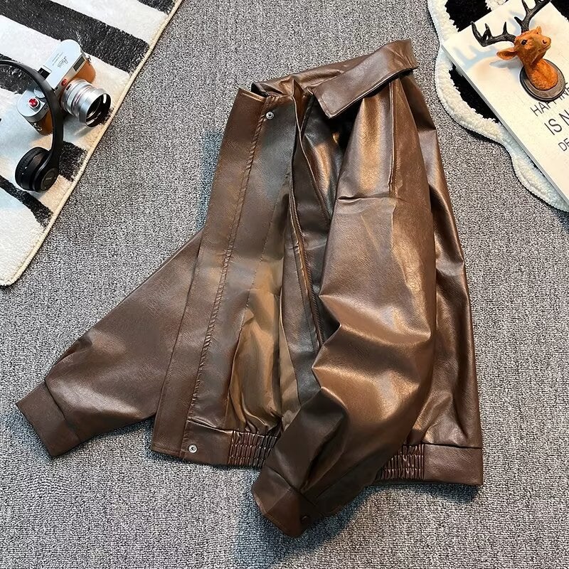 European and American Street Fashion Loose Biker Suit Leather Jacket Mens Fashionable Duffian Handsome Aviator PU Leather Jacket Coat in stock Brown