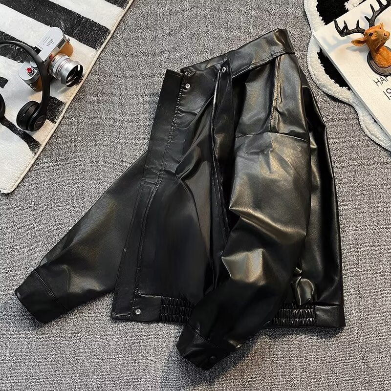 European and American Street Fashion Loose Biker Suit Leather Jacket Mens Fashionable Duffian Handsome Aviator PU Leather Jacket Coat in stock Brown