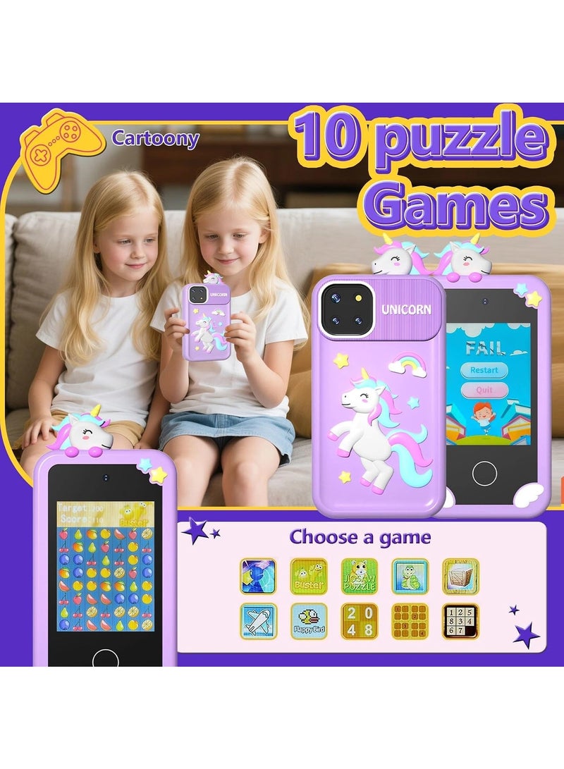 UNICORN Purple Kids Smart Phone Toy with Dual Camera, 2.8" Touchscreen, 16 Learning Games & Music Player, 32G TF Card - Image 4
