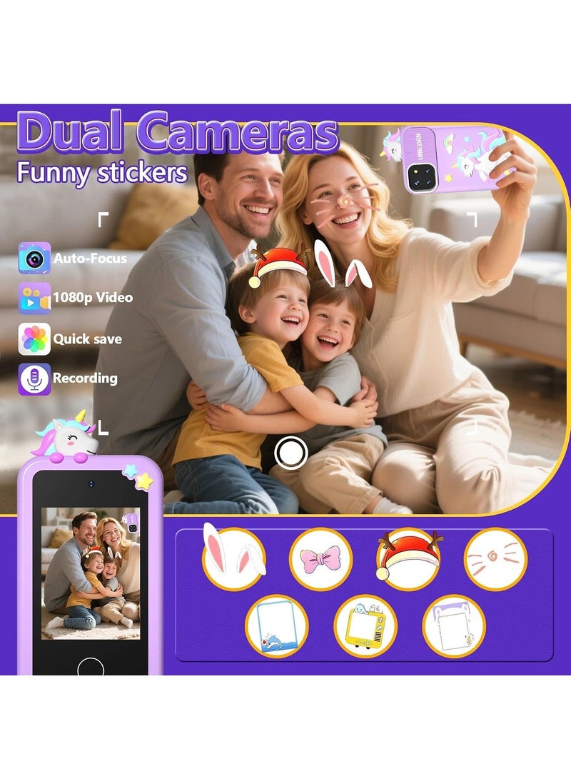 UNICORN Purple Kids Smart Phone Toy with Dual Camera, 2.8" Touchscreen, 16 Learning Games & Music Player, 32G TF Card - Image 3