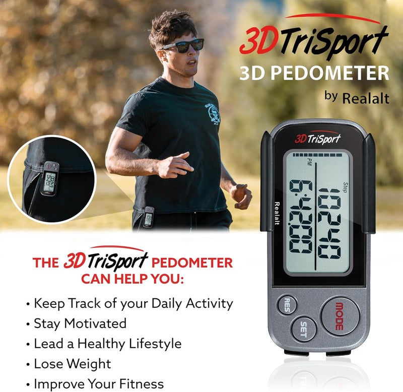 Realalt 3DTriSport Walking 3D Pedometer with Clip & Strap, eBook Included 30 Days Memory Accurate Step Counter, Walking Distance Miles/Km, Calorie Counter, Daily Exercise Time Monitor - Image 3