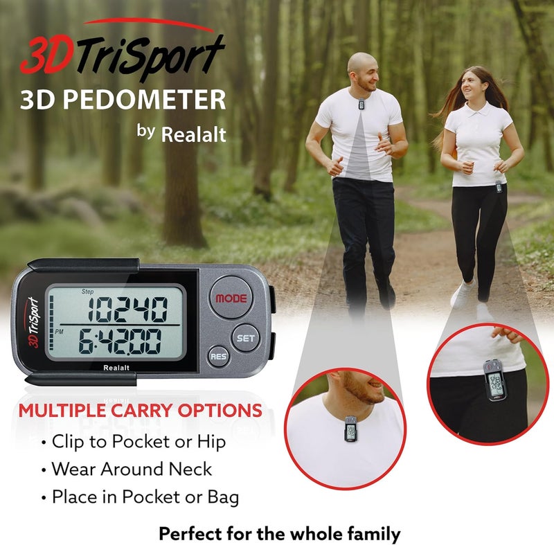 Realalt 3DTriSport Walking 3D Pedometer with Clip & Strap, eBook Included 30 Days Memory Accurate Step Counter, Walking Distance Miles/Km, Calorie Counter, Daily Exercise Time Monitor - Image 5