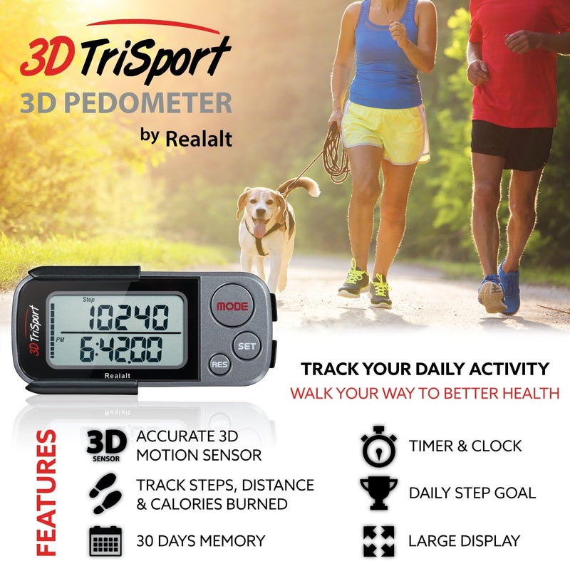 Realalt 3DTriSport Walking 3D Pedometer with Clip & Strap, eBook Included 30 Days Memory Accurate Step Counter, Walking Distance Miles/Km, Calorie Counter, Daily Exercise Time Monitor - Image 2