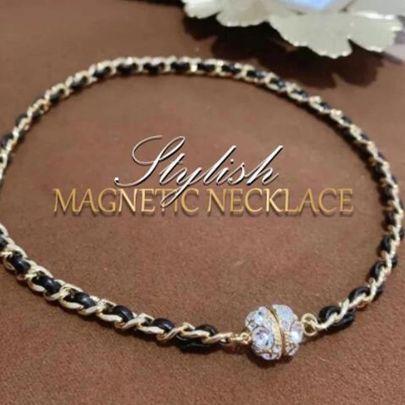 woobles Leather Necklace Braided Magnetic Clasp Black Rope 15.7“ Mens Womens Rhinestone (1PC) - Image 3