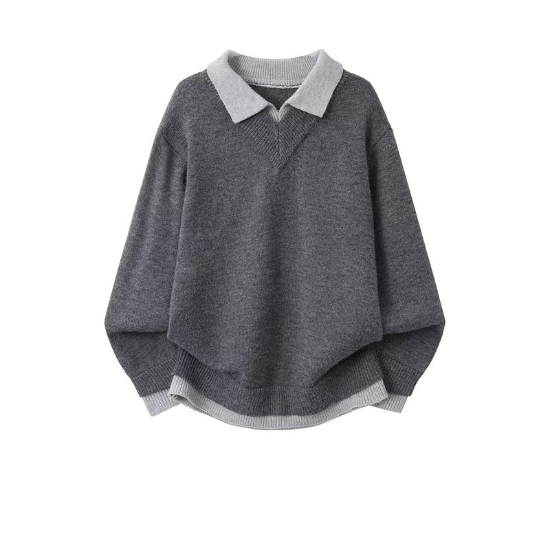 Cardigan Gray Two-piece Illusion Color-blocked Pullover with a Turn-down Collar for Men's Autumn and Winter Casual Sophisticated Knitwear Can Be Worn as an Outer Layer or Inner Top