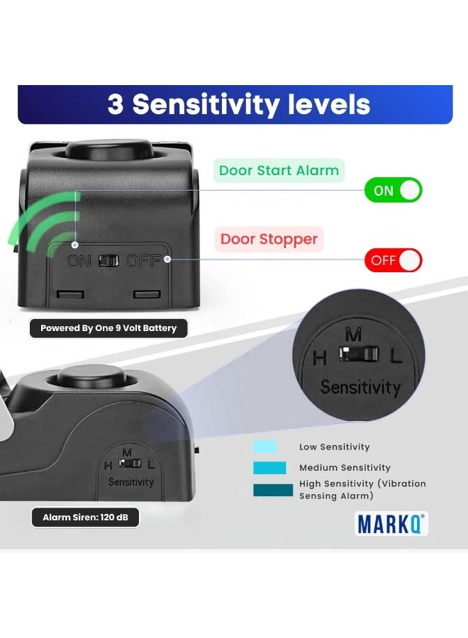 MARKQ Alarm Door Stopper – Portable Security Safety Door Stop with 120dB Alarm, Adjustable Sensitivity, Stainless Steel Anti-Slip Base for Travel Home and Hotel (Black, Pack of 3) - Image 3