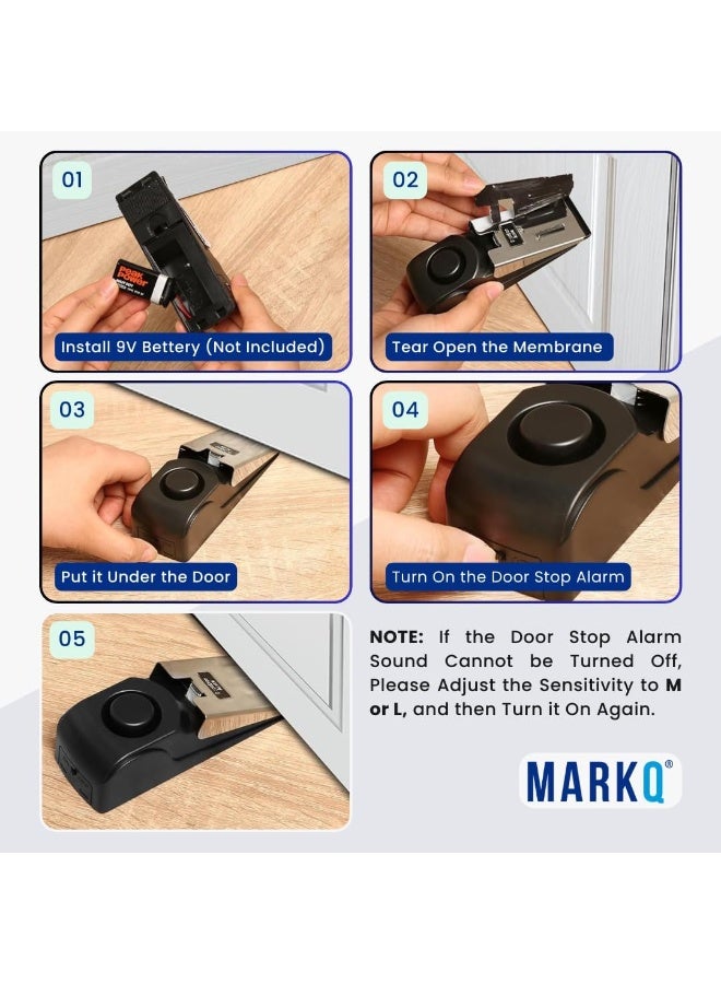 MARKQ Alarm Door Stopper – Portable Security Safety Door Stop with 120dB Alarm, Adjustable Sensitivity, Stainless Steel Anti-Slip Base for Travel Home and Hotel (Black, Pack of 3) - Image 5