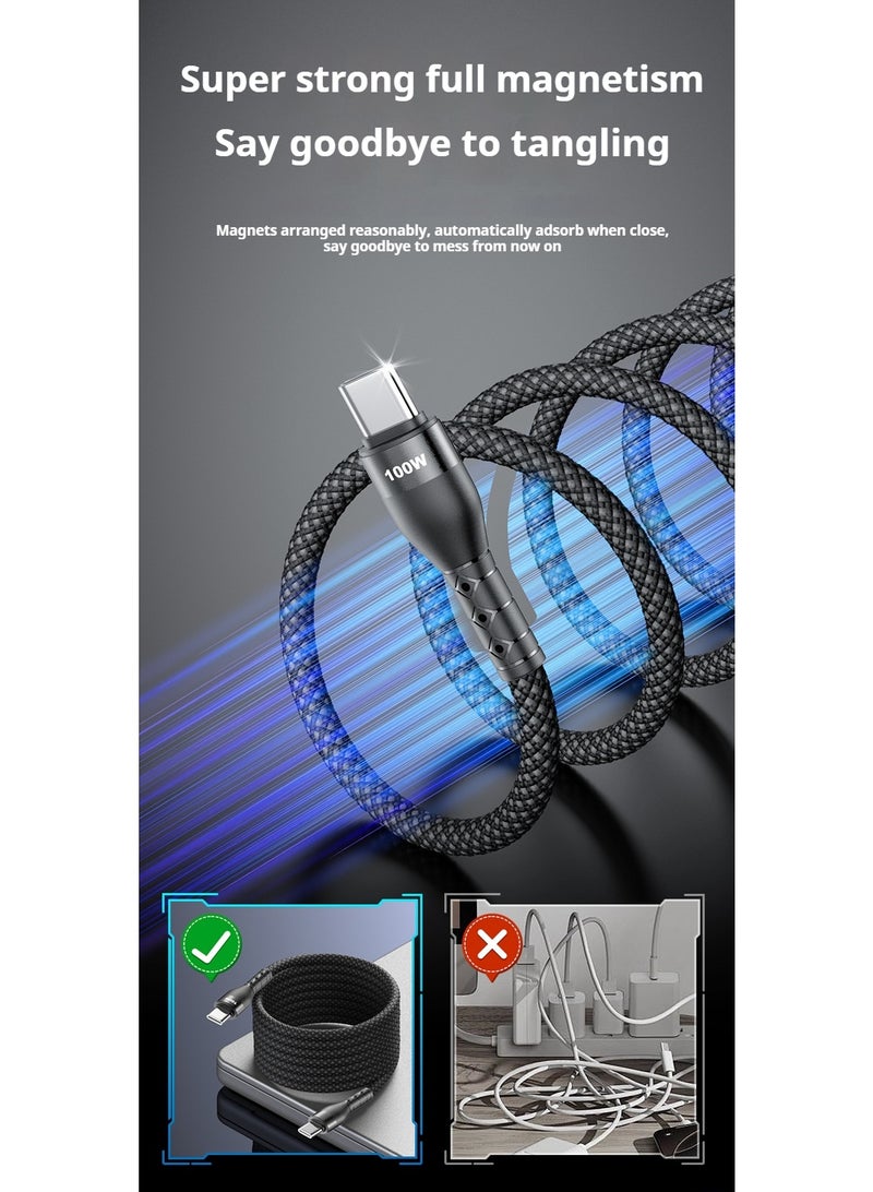 100W Magnetic Self-Coiling USB-C Cable (2M) - Fast Charging, Tangle-Free, Durable Braided Cable for Laptop, Phone, Tablet - Image 3
