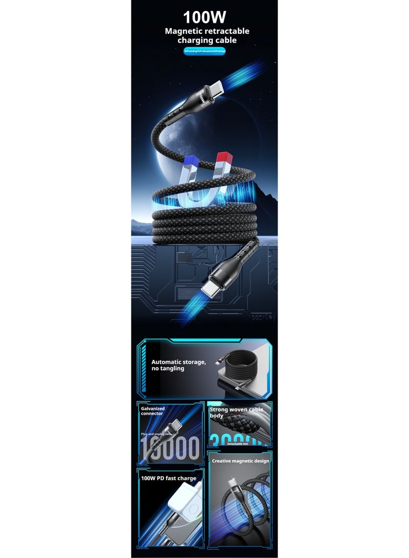 100W Magnetic Self-Coiling USB-C Cable (2M) - Fast Charging, Tangle-Free, Durable Braided Cable for Laptop, Phone, Tablet - Image 2