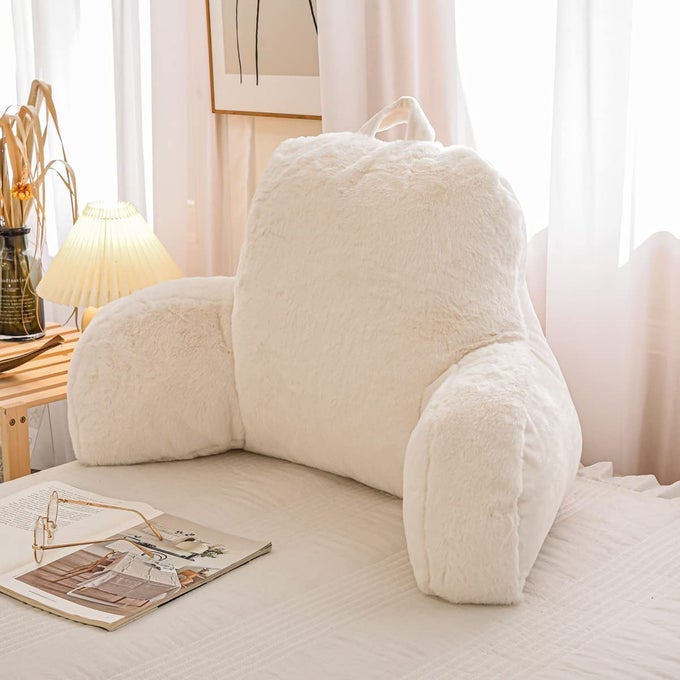 FAUX FUR READING PILLOW LARGE ADULT TEENS BACK REST PILLOW WITH ARMS BEDREST PILLOW FOR SITTING UP IN BED IVORYLARGE