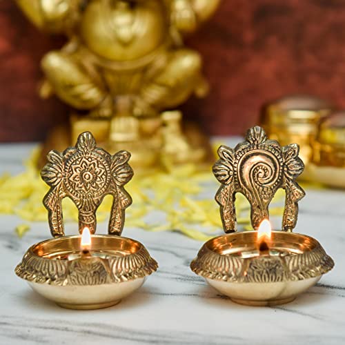 Bhimonee Decor Pure Brass Shanku Chakra kuber Diya, 3 inches, Brass Colour, Pack of 1 Pair - Image 1