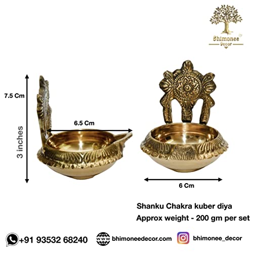 Bhimonee Decor Pure Brass Shanku Chakra kuber Diya, 3 inches, Brass Colour, Pack of 1 Pair - Image 2