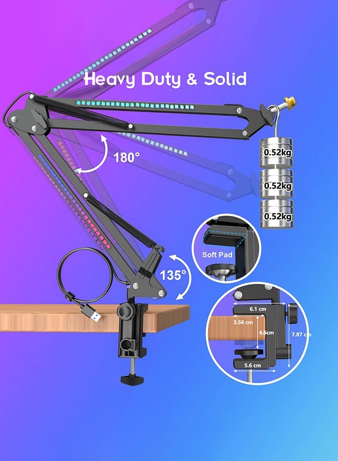 WALALLA RGB Microphone Stand with Dynamic LED Lighting - Universal Boom Arm for USB/XLR Condenser Mics | Rotatable Suspension Scissor Stand for Gaming, Streaming, Podcast Studio | Color-Changing Light Effects, Heavy-Duty Clamp - Image 4