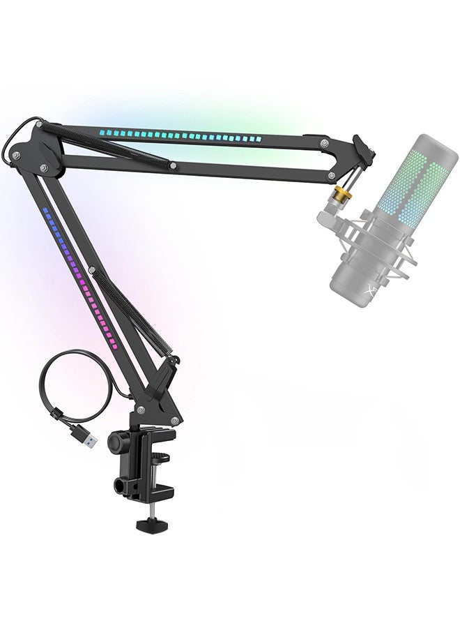 RGB Microphone Stand with Dynamic LED Lighting - Universal Boom Arm for USB/XLR Condenser Mics | Rotatable Suspension Scissor Stand for Gaming, Streaming, Podcast Studio | Color-Changing Light Effects, Heavy-Duty Clamp