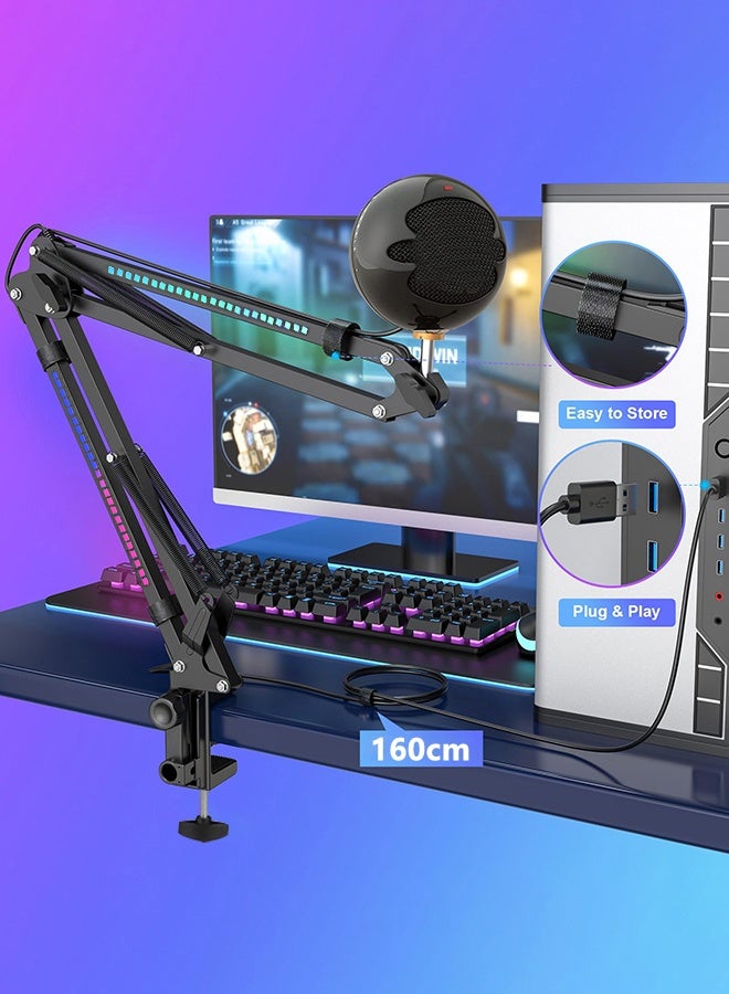 WALALLA RGB Microphone Stand with Dynamic LED Lighting - Universal Boom Arm for USB/XLR Condenser Mics | Rotatable Suspension Scissor Stand for Gaming, Streaming, Podcast Studio | Color-Changing Light Effects, Heavy-Duty Clamp - Image 3