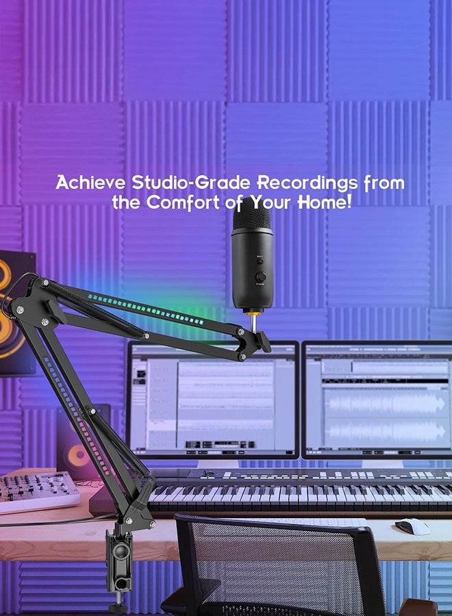 WALALLA RGB Microphone Stand with Dynamic LED Lighting - Universal Boom Arm for USB/XLR Condenser Mics | Rotatable Suspension Scissor Stand for Gaming, Streaming, Podcast Studio | Color-Changing Light Effects, Heavy-Duty Clamp - Image 2