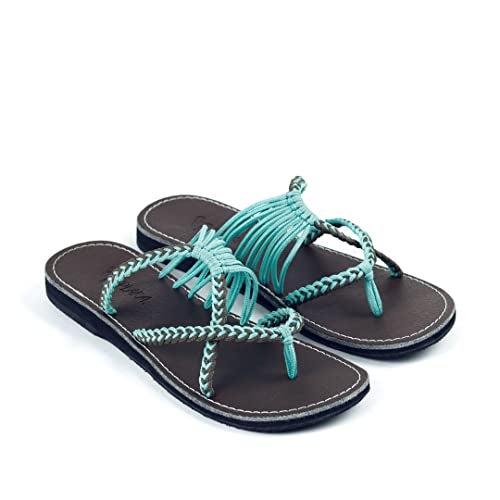Plaka Oceanside Flat Summer Sandals for Women | Flip Flops for The Beach, Walking & Dressy Occasions | Turquoise Gray | Size 6 - Image 2