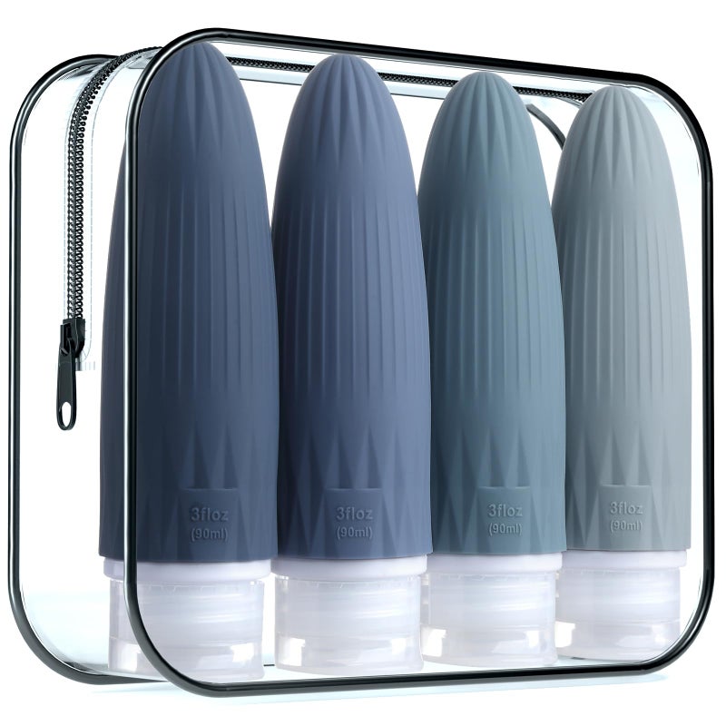 Gemice Travel Bottles for Toiletries Travel Essentials Refillable Leak Proof Travel Size Toiletries 3oz TSA Approved Sillicone Squeezable Travel Size Containers for Shampoo Wash Body Lotion 4 Pack