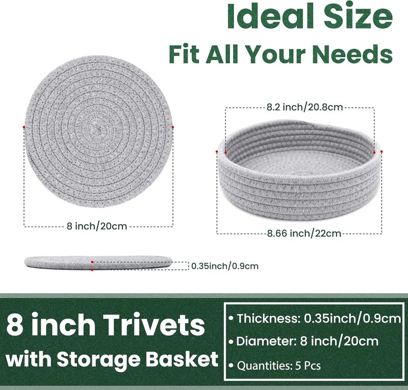 KITLAB 8 Inch Trivets for Hot Dishes Hot Pots and Pans Thick Heat Resistant Large Coaster for Kitchen Hot Pads Kitchen Essentials Kitchen Decor for Table  Countertop with Storage Basket 5 Pcs - Image 2