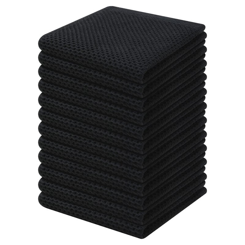 Kitinjoy 100% Cotton Kitchen Dish Cloths  12 Pack Waffle Weave Ultra Soft Absorbent Dish Towels for Drying Dishes Quick Drying Kitchen Towels Dish Rags  12 X 12Inch  Black