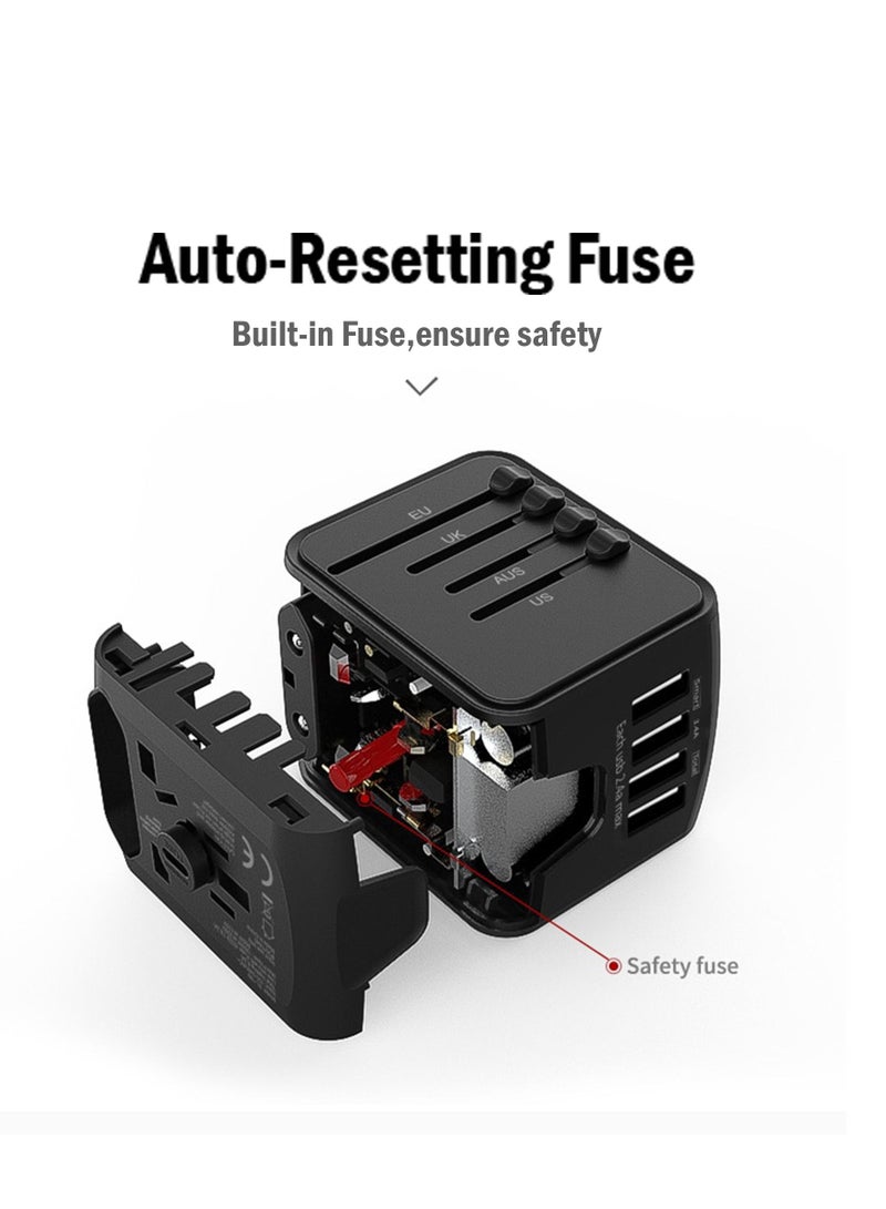 Protect Universal Travel Adapter with 3 USB & 1 Type-C Ports | Worldwide Charger with US/EU/UK/AU Plugs | Compact Multi-Device Charger for Over 160 Countries – Black - Image 2