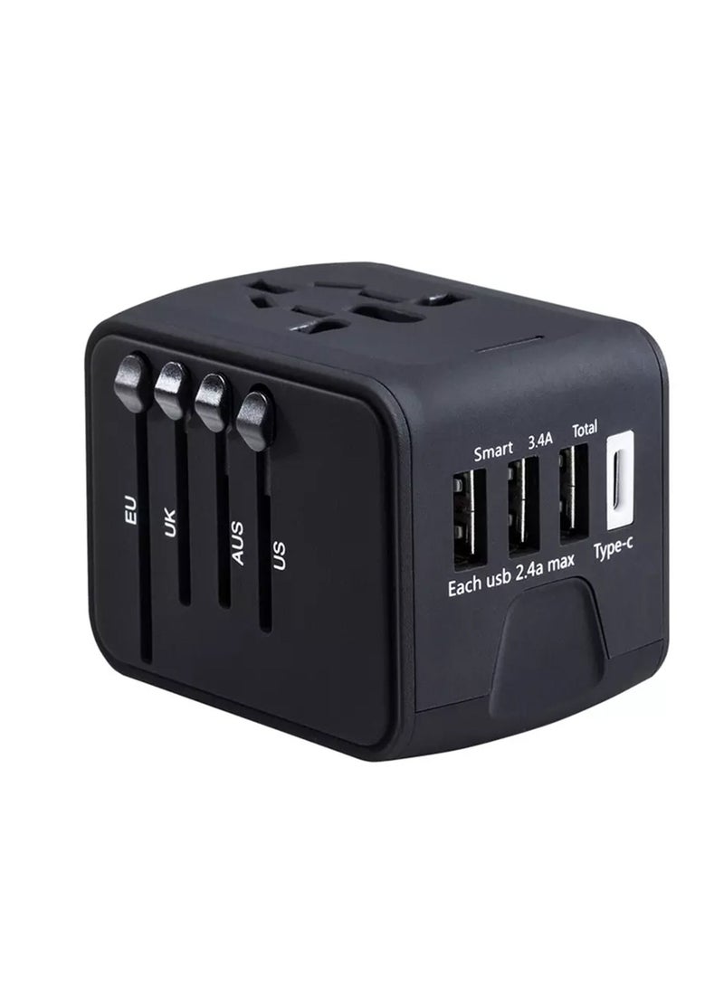 Protect Universal Travel Adapter with 3 USB & 1 Type-C Ports | Worldwide Charger with US/EU/UK/AU Plugs | Compact Multi-Device Charger for Over 160 Countries – Black - Image 1