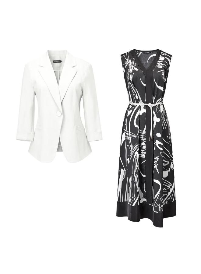 Yanyee Simple Short Blazer Sleeveless Vest Dress Set, Early Spring Two-piece Outfit, White, XL - Image 3