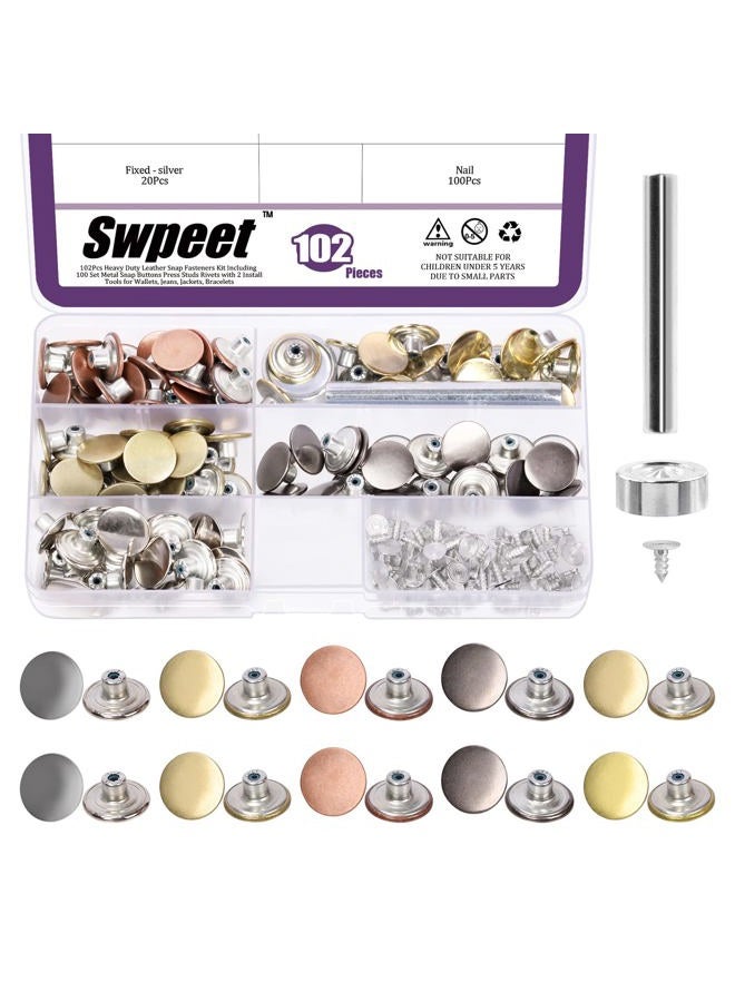 Swpeet 102Pcs 5 Colors Jeans Buttons Rivets Set, 17mm No-Sew Nailess Removable Combo Thread Rivets, Cap Denim Metal Jeans Buttons Replacement with Snap Buttons Press Studs and Install Tool for Clothes - Image 1