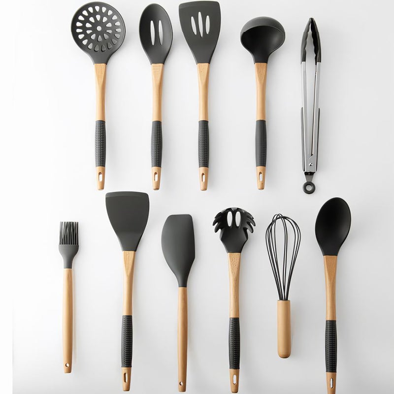Kitchen Utensils Set 11Pcs Silicone Non-stick Cooking Utensils Set with Gift S Shaped Metal Hook Silica Gel Utensil Wooden Handle Kitchenware Set - Image 2