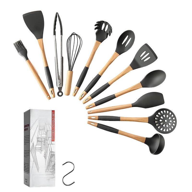 Kitchen Utensils Set 11Pcs Silicone Non-stick Cooking Utensils Set with Gift S Shaped Metal Hook Silica Gel Utensil Wooden Handle Kitchenware Set - Image 1
