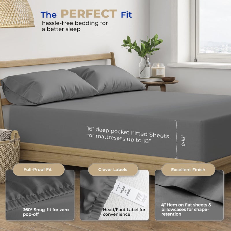 THREAD SPREAD 400 Thread Count King Cotton Sheets - 4 PC King Size Bed Sheet Set Cotton (Dark Grey), Soft, Cooling, Hotel-Quality 16" Deep Pocket Sateen Bedsheet for Hot Sleepers (Fits 18" Mattress) - Image 4