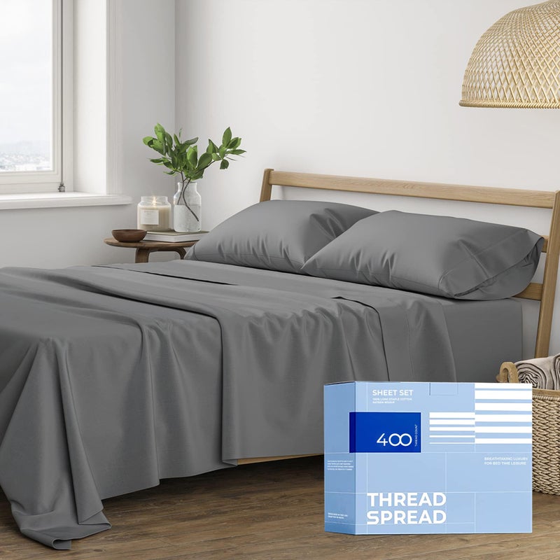 THREAD SPREAD 400 Thread Count King Cotton Sheets - 4 PC King Size Bed Sheet Set Cotton (Dark Grey), Soft, Cooling, Hotel-Quality 16" Deep Pocket Sateen Bedsheet for Hot Sleepers (Fits 18" Mattress) - Image 1
