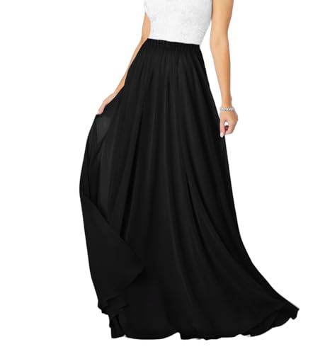 v28 Women Full/Ankle Length Flowy Elastic Retro High Waisted Long Chiffon Maxi Skirt (XS,Black-2Layer) - Image 1