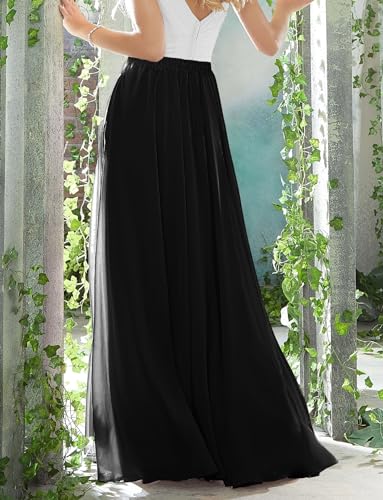 v28 Women Full/Ankle Length Flowy Elastic Retro High Waisted Long Chiffon Maxi Skirt (XS,Black-2Layer) - Image 2