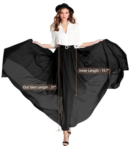 v28 Women Full/Ankle Length Flowy Elastic Retro High Waisted Long Chiffon Maxi Skirt (XS,Black-2Layer) - Image 4