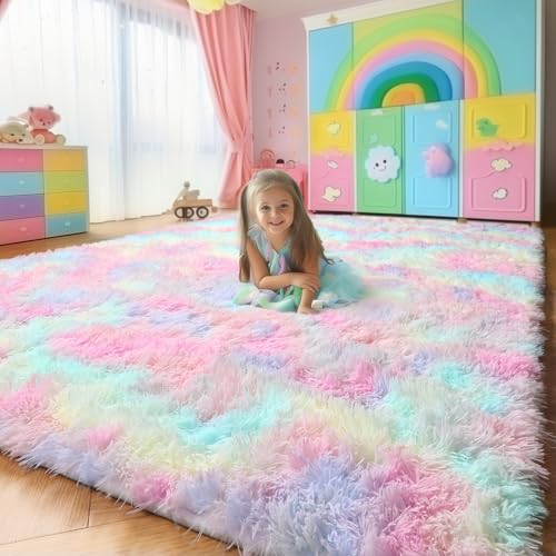Amdrebio Rainbow Fluffy Kids Rugs for Girls Bedroom, Unicorn Room Decor Aesthetic, 5x8 Colorful Pastel Shag Area Rugs for Playroom Nursery Classroom, Cute Fuzzy Kawaii Princess Carpet for Baby Toddler Teen - Image 1