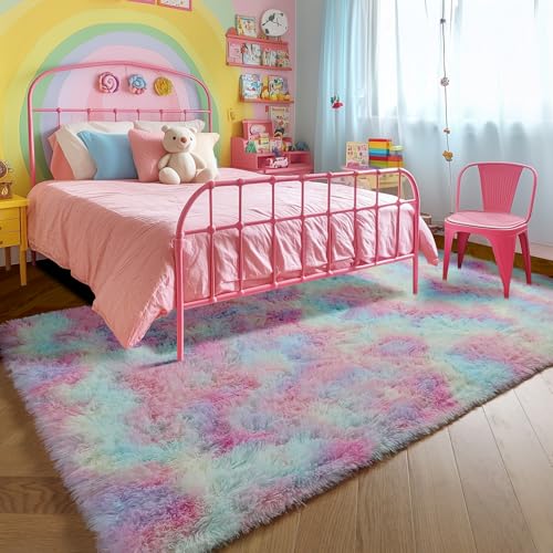 Amdrebio Rainbow Fluffy Kids Rugs for Girls Bedroom, Unicorn Room Decor Aesthetic, 5x8 Colorful Pastel Shag Area Rugs for Playroom Nursery Classroom, Cute Fuzzy Kawaii Princess Carpet for Baby Toddler Teen - Image 4