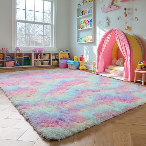 Amdrebio Rainbow Fluffy Kids Rugs for Girls Bedroom, Unicorn Room Decor Aesthetic, 5x8 Colorful Pastel Shag Area Rugs for Playroom Nursery Classroom, Cute Fuzzy Kawaii Princess Carpet for Baby Toddler Teen - Image 5