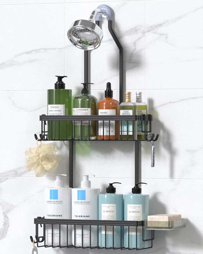 SHOWER CADDY HANGING NEVER RUST SHOWER ORGANIZER HANGING ALUMINUM SHOWER RACKS FOR INSIDE SHOWER WITH HOOKS FOR RAZOR BATHROOM ORGANIZERS AND STORAGE WITH SOAP HOLDER BLACK