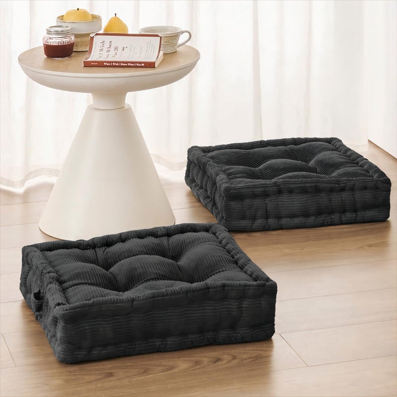 Wellsin Square Floor Pillows for Adults Kids Meditation Floor Pillow Seating Cushion Tufted Floor Cushion with Shredded Foam Velvet Cover 2 Pack 20x20 Inch Gray - Image 2