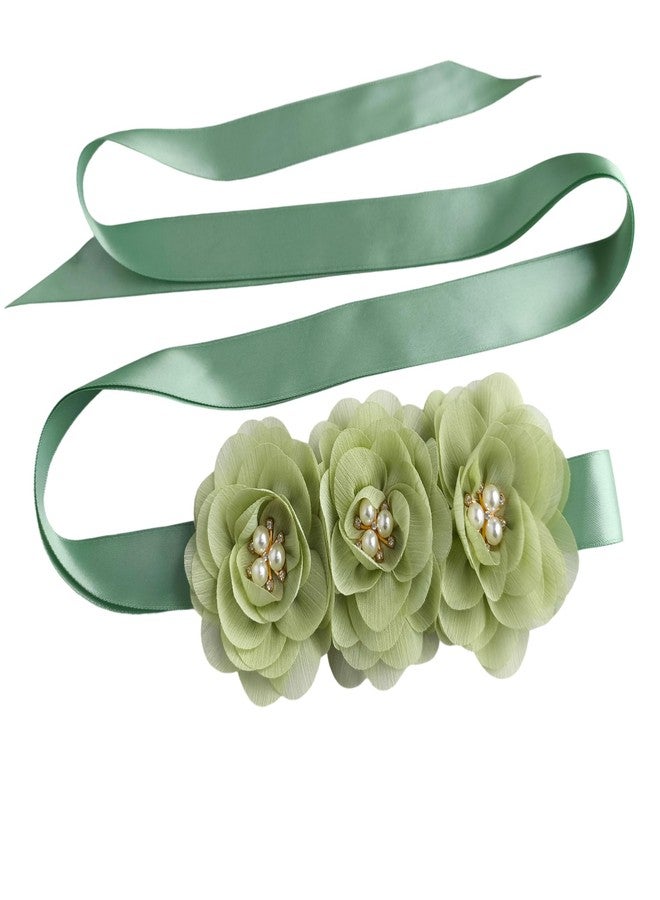 Oyabridal Flower Girl Sash Sage Green Flower Girl Sash Belt for Dress, Chiffon Pearl Floral Sash Belts for Bridesmaid/Bride Dresses - Image 1